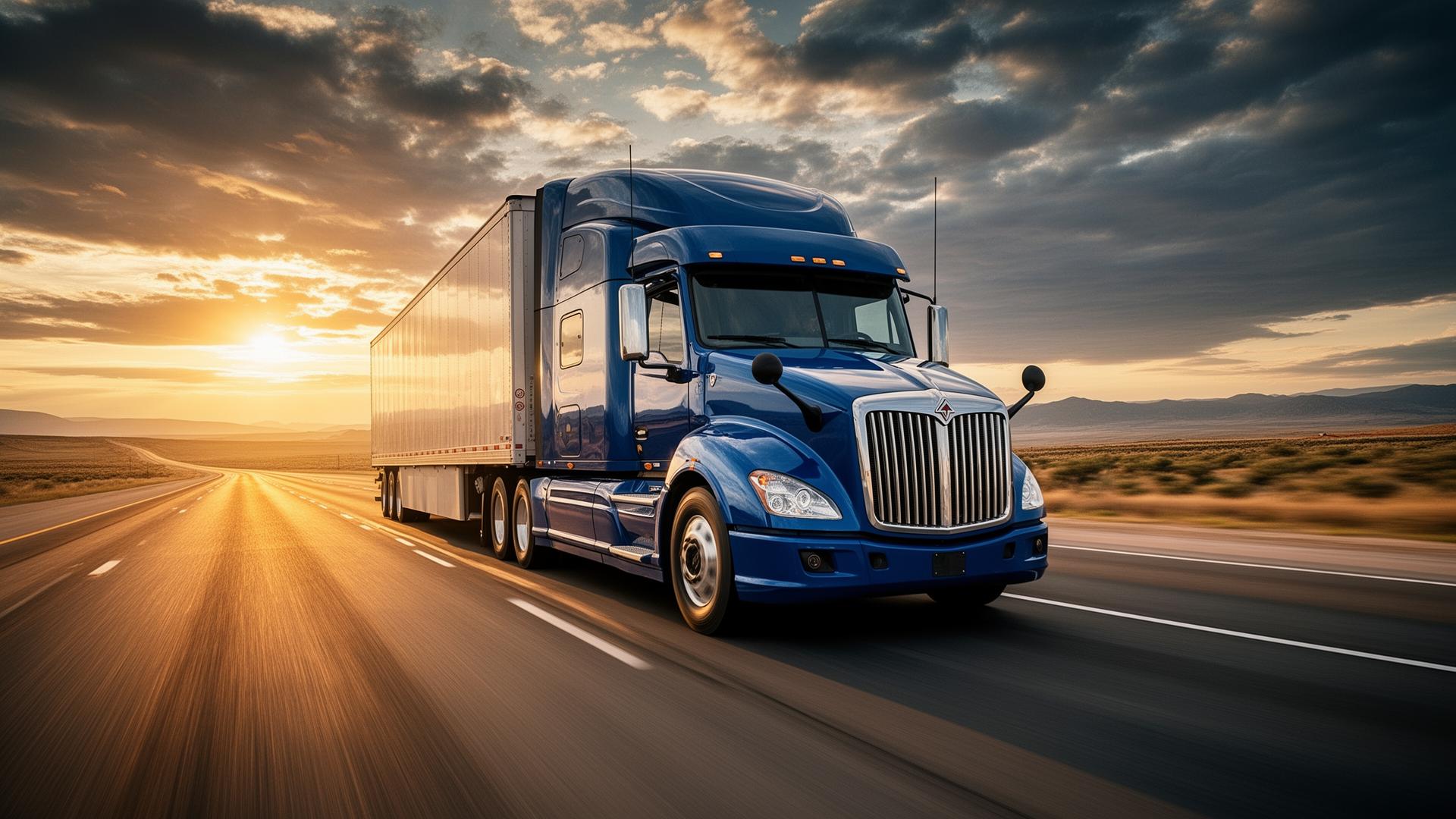 Semi truck on the open highway at sunset